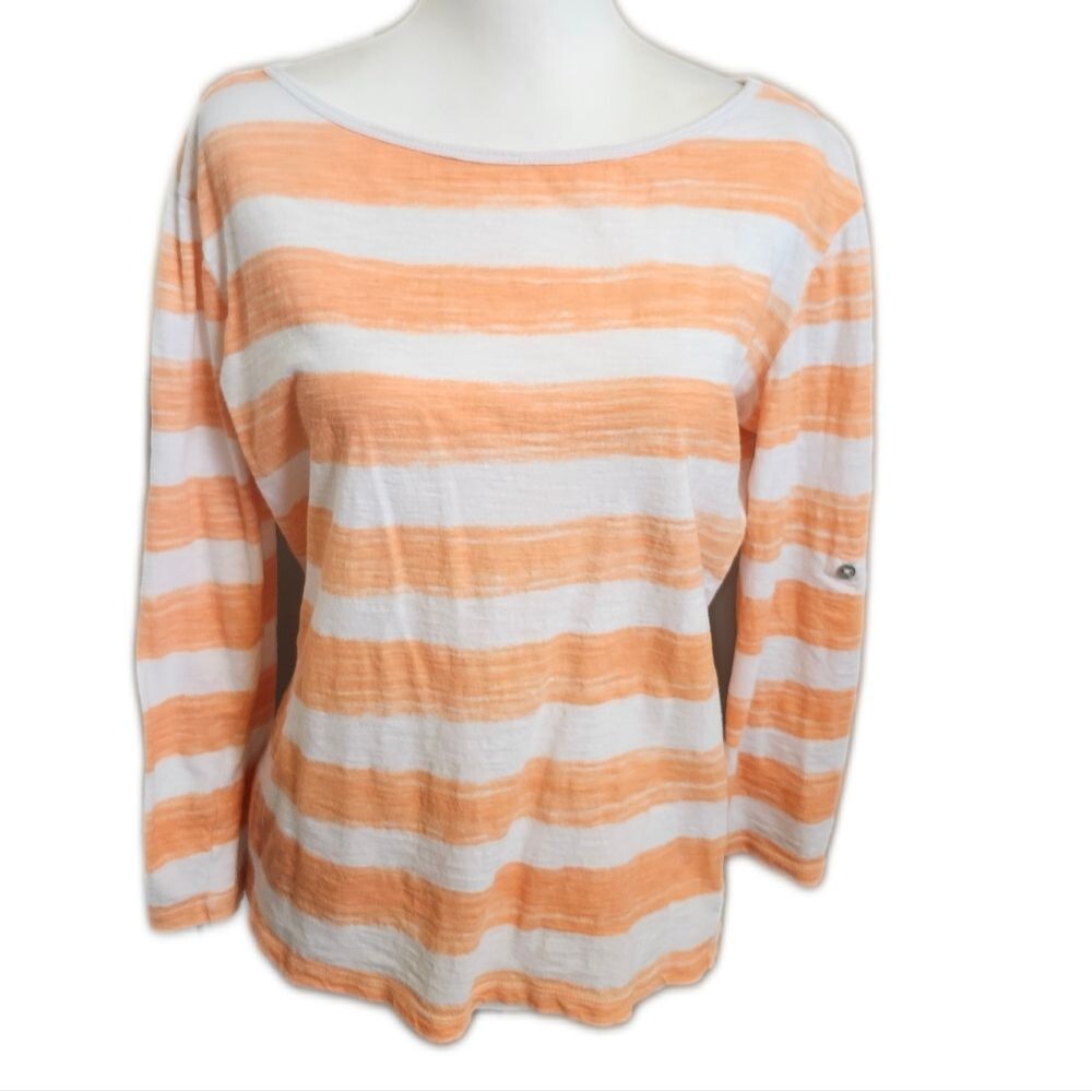 Calvin Klein Performance White & Orange Striped Long Sleeve Tee, M